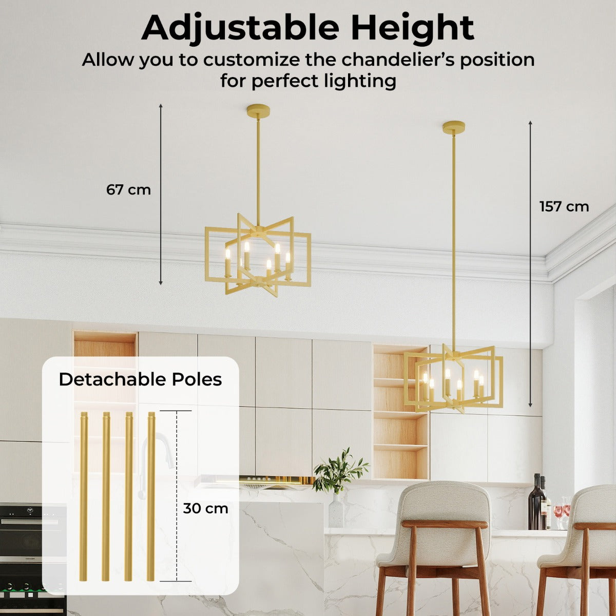 Livsk costway rustieke kroonluchter met 6 lampen geometrische hanglamp met verstelbare hoogte goud 2