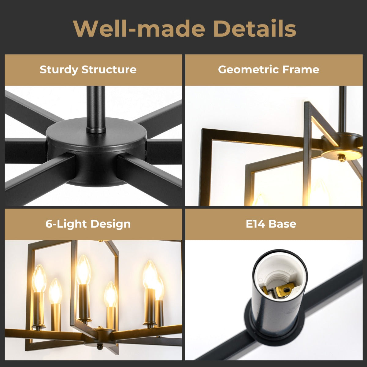 Livsk costway rustieke kroonluchter met 6 lampen geometrische hanglamp met verstelbare hoogte zwart 5