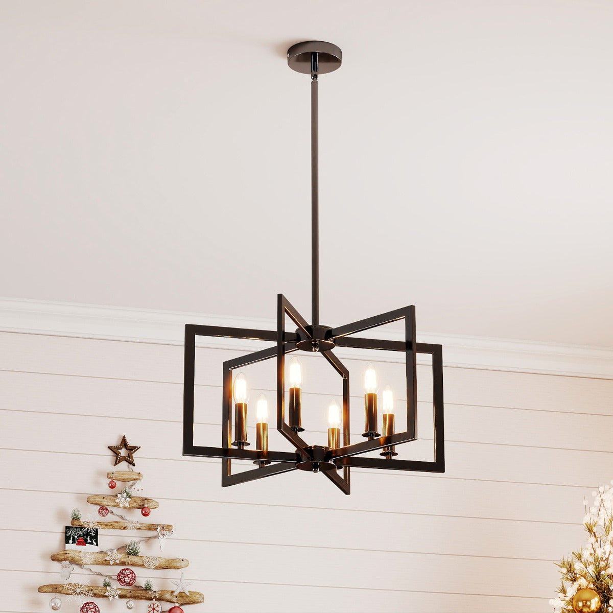 Livsk costway rustieke kroonluchter met 6 lampen geometrische hanglamp met verstelbare hoogte zwart 6