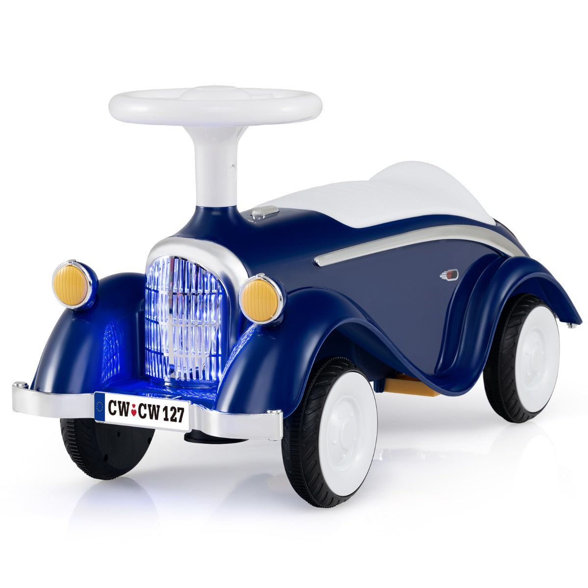 Livsk costway rutschauto klassiek voet naar vloer rijdend voertuig met stuur toeter led koplampen donkerblauw 1 1