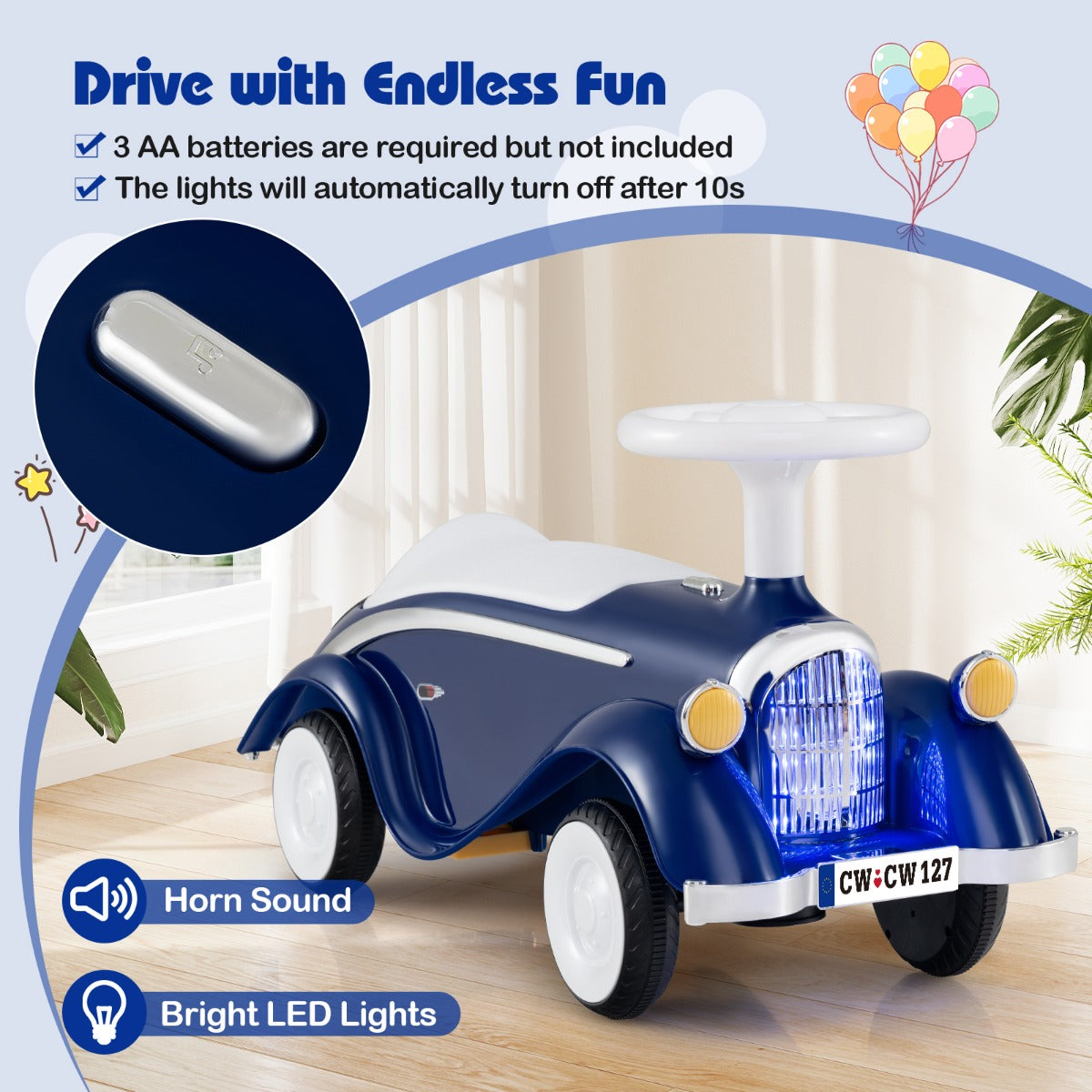 Livsk costway rutschauto klassiek voet naar vloer rijdend voertuig met stuur toeter led koplampen donkerblauw 6