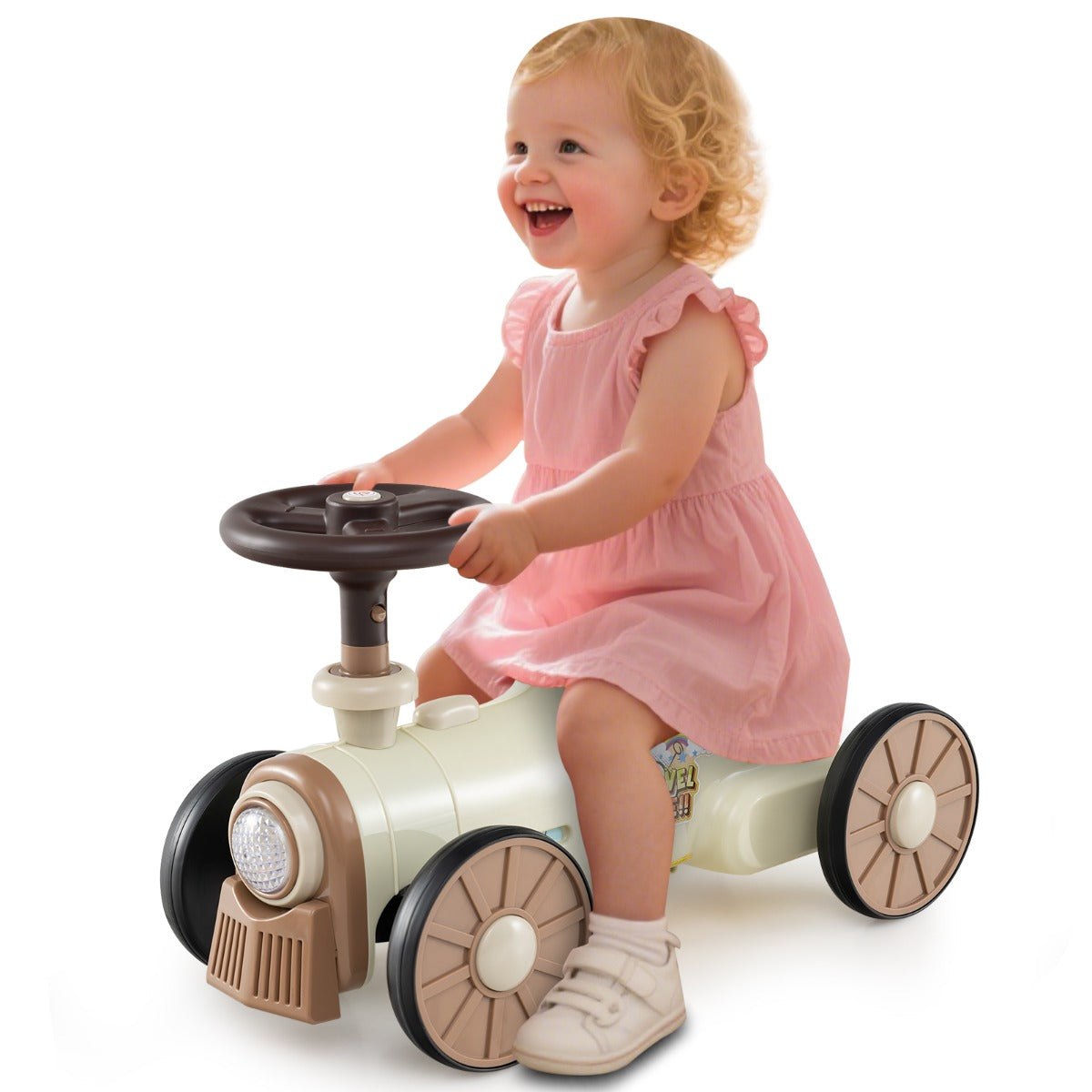 LIVSK Glijauto in Treinstijl - Werkend Stuur met Treinfluit - Opbergruimte - Voor Kinderen 1-3 Jaar - Beige