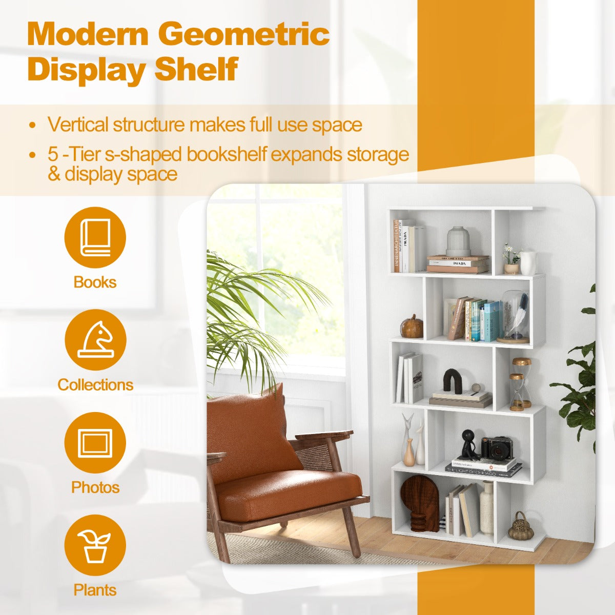 LIVSK Geometrische Boekenkast - S-vormig Ontwerp - 5 Open Legplanken - Duurzaam Gelamineerd Hout - Wit