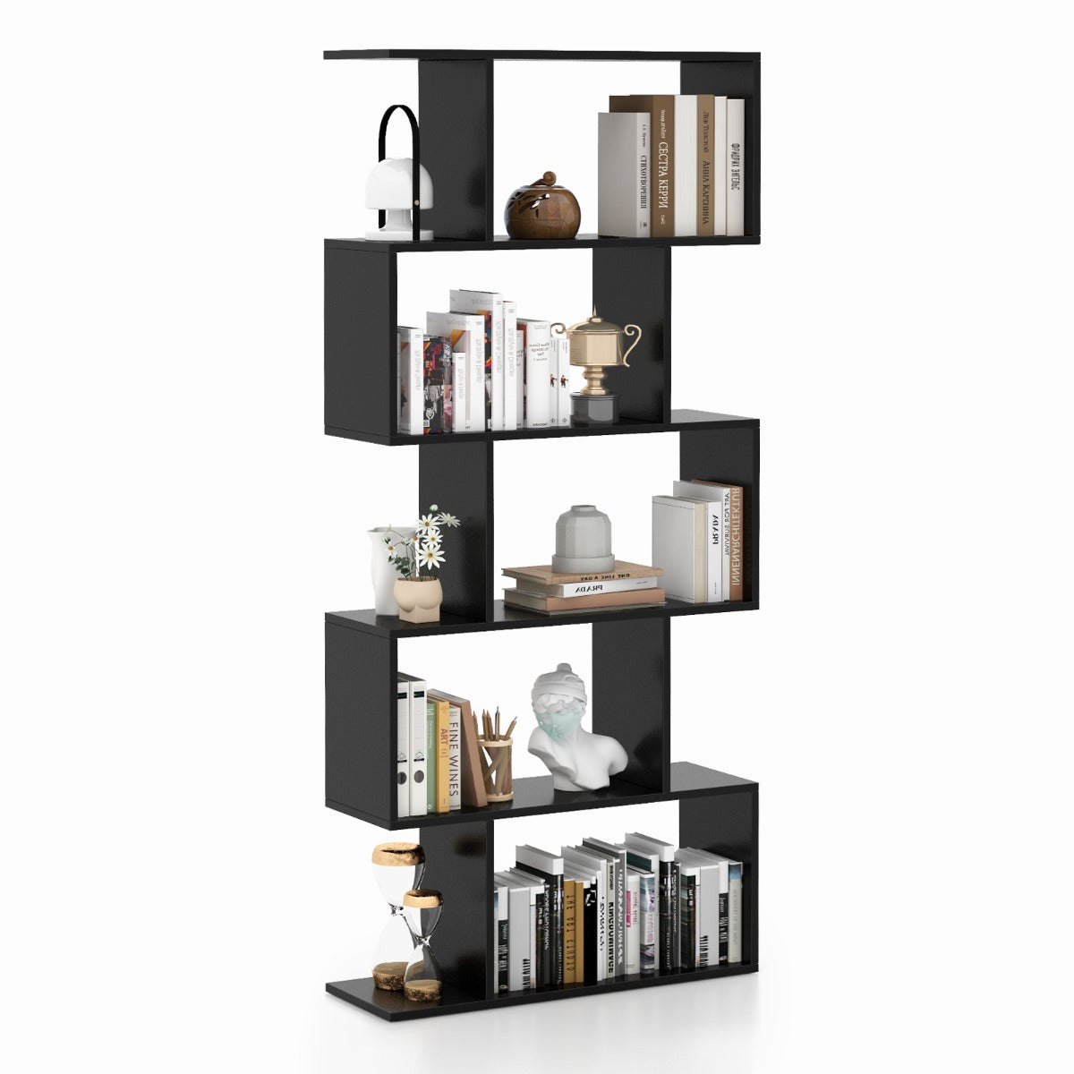 LIVSK Geometrische Boekenkast - 5 Open Legplanken - Antikantel - Duurzaam Gelamineerd Hout - 70 x 23,5 x 158 cm - Zwart