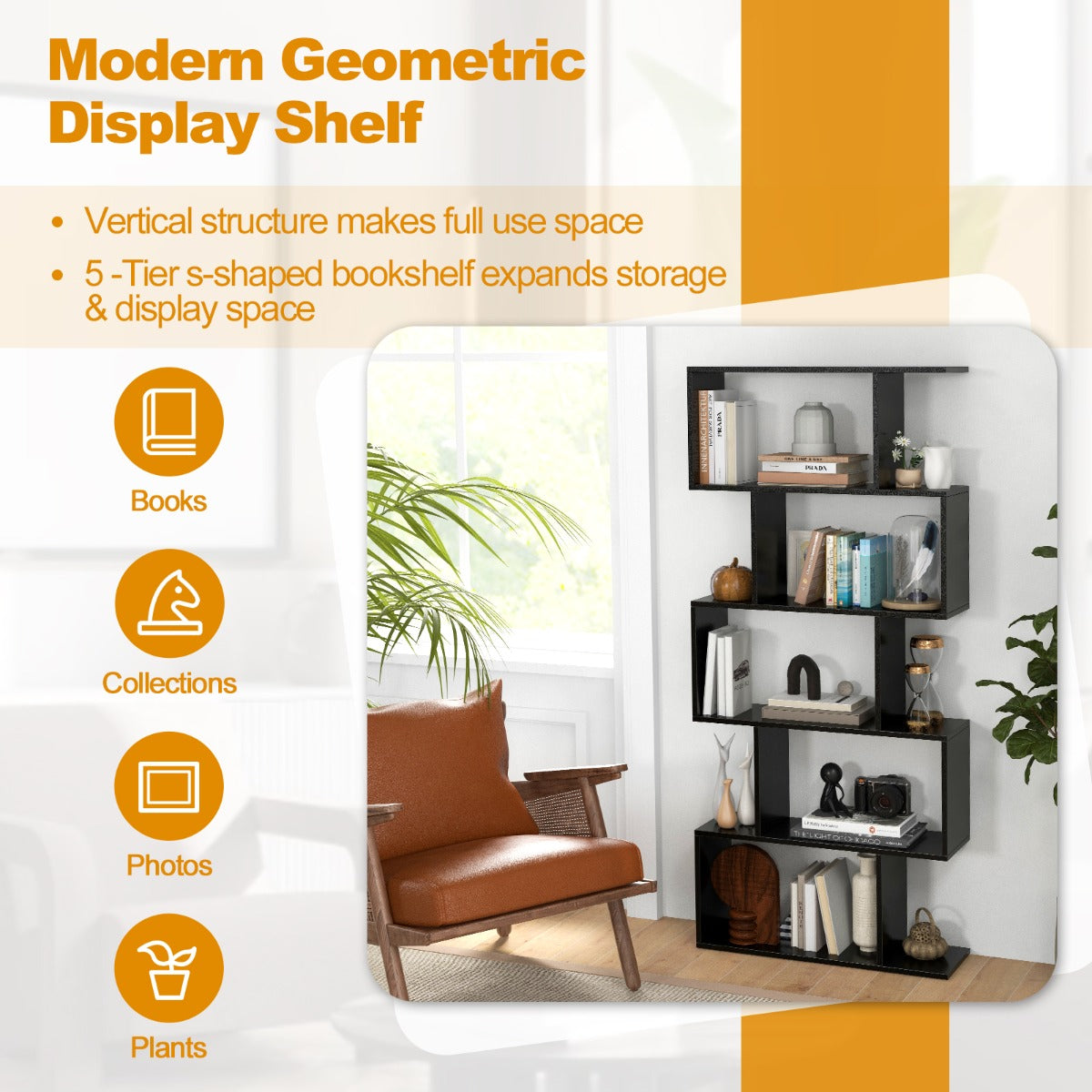 LIVSK Geometrische Boekenkast - 5 Open Legplanken - Antikantel - Duurzaam Gelamineerd Hout - 70 x 23,5 x 158 cm - Zwart