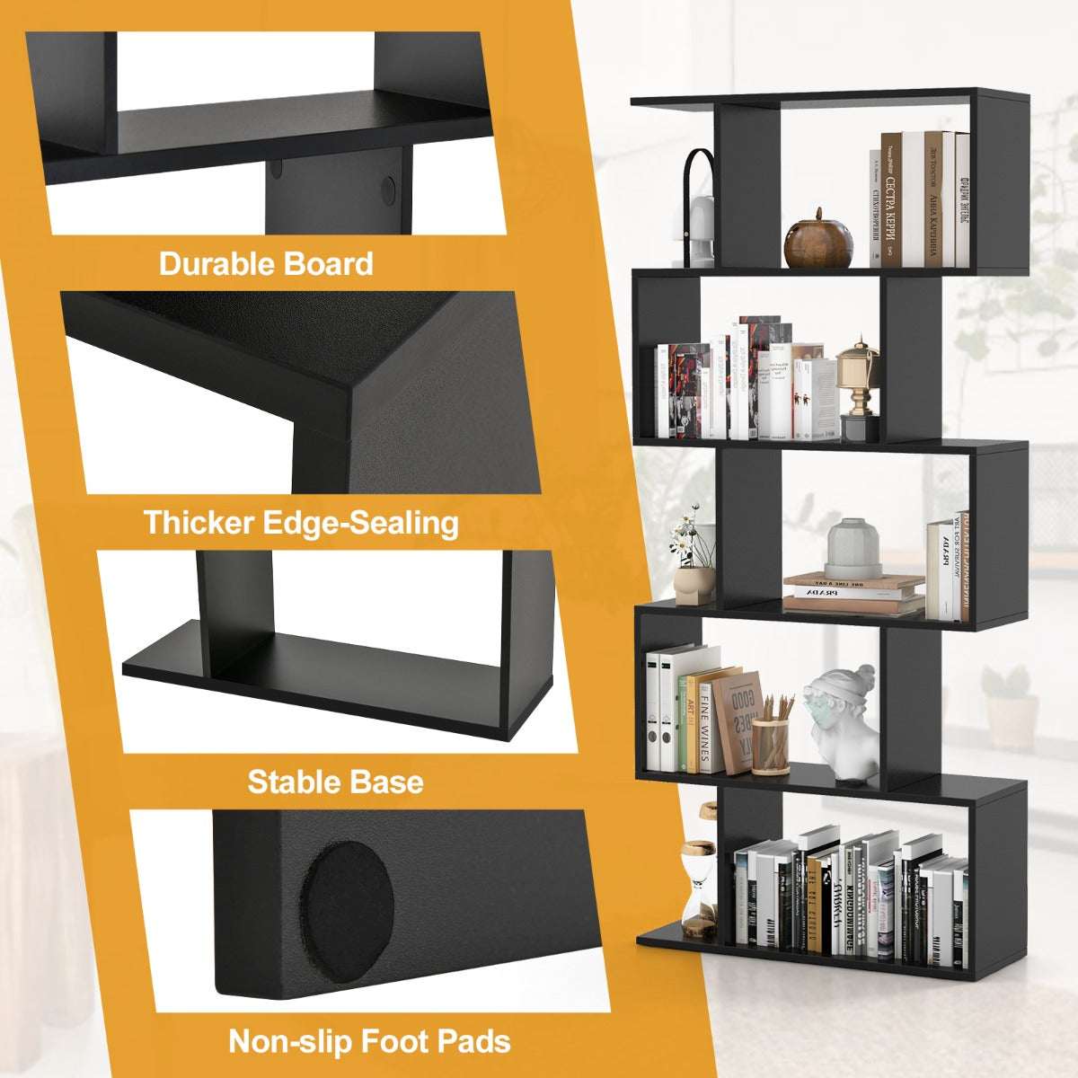 LIVSK Geometrische Boekenkast - 5 Open Legplanken - Antikantel - Duurzaam Gelamineerd Hout - 70 x 23,5 x 158 cm - Zwart
