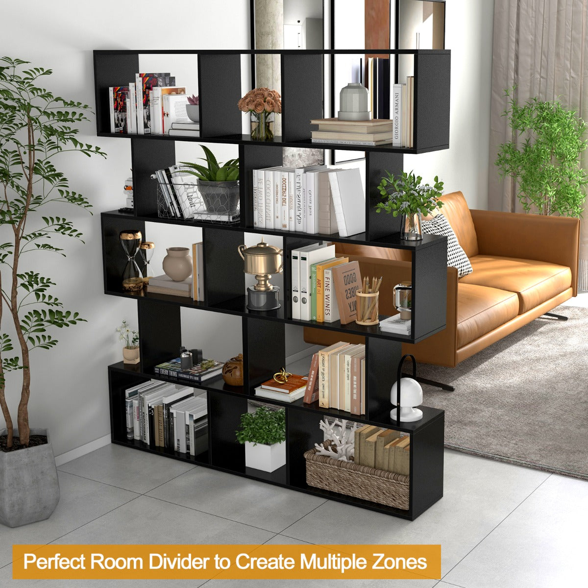 LIVSK Geometrische Boekenkast - 5 Open Legplanken - Antikantel - Duurzaam Gelamineerd Hout - 70 x 23,5 x 158 cm - Zwart