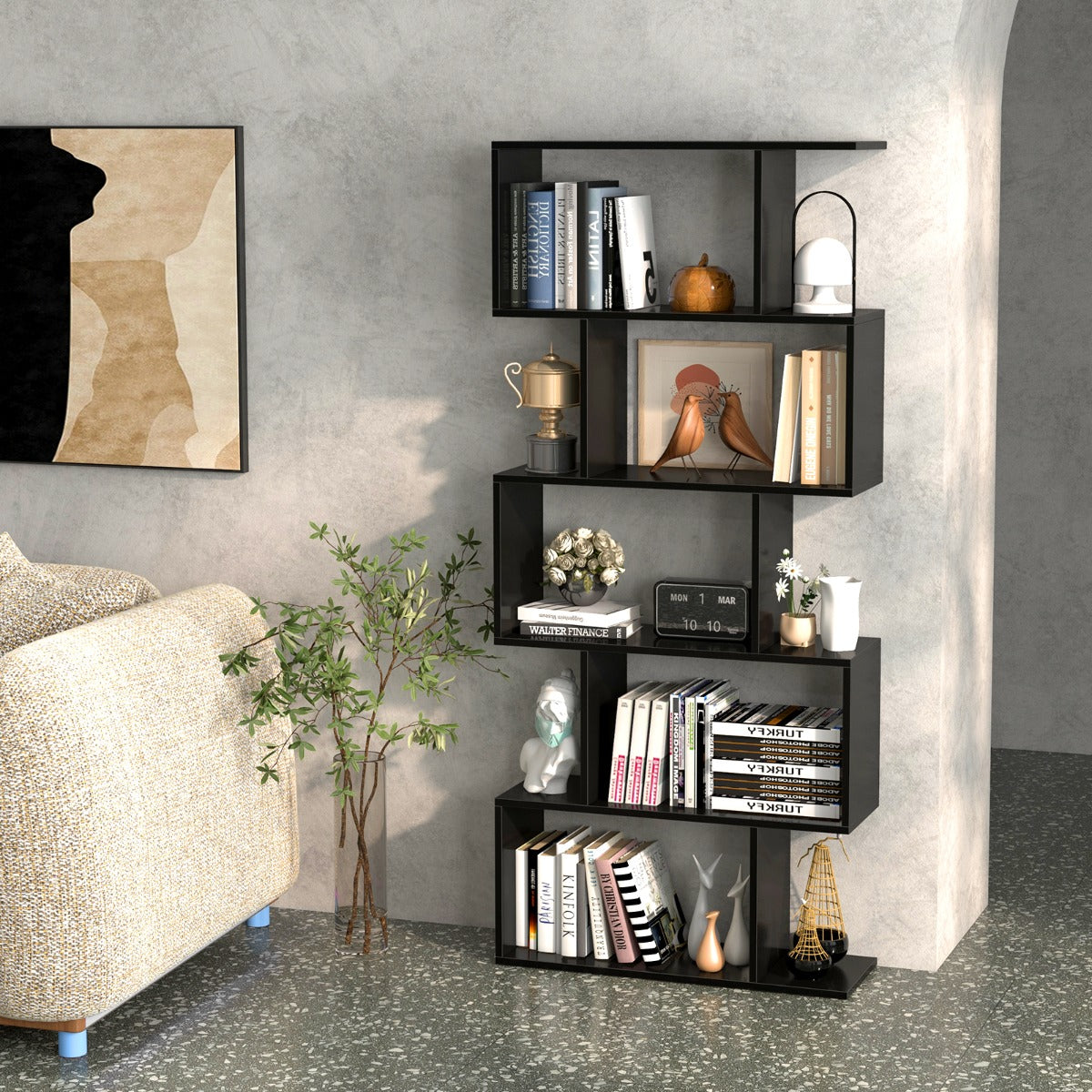 LIVSK Geometrische Boekenkast - 5 Open Legplanken - Antikantel - Duurzaam Gelamineerd Hout - 70 x 23,5 x 158 cm - Zwart
