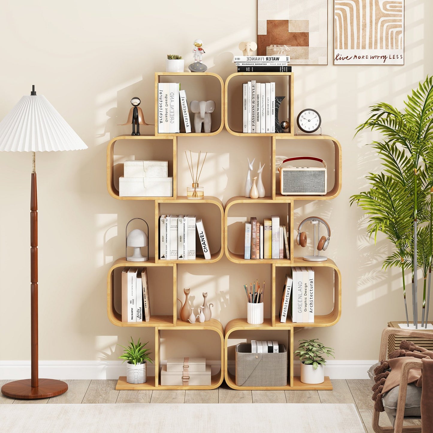 LIVSK Bamboe Boekenplank - S-vormig Ontwerp met 2 Vakken - Kantelbeveiliging - Ruimtebesparend - Natuurlijk