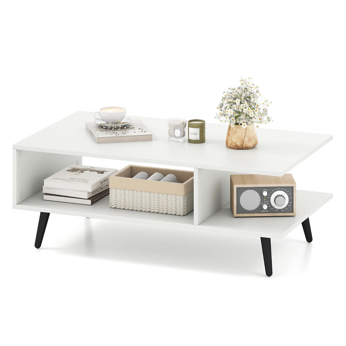 LIVSK 2-Laagse Salontafel - Ruime Opbergruimte - Robuuste Metalen Poten - Gemakkelijk te Reinigen - 80 x 45 x 30 cm - Wit