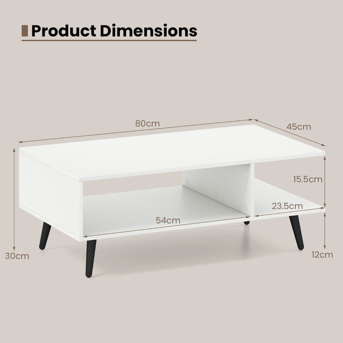 LIVSK 2-Laagse Salontafel - Ruime Opbergruimte - Robuuste Metalen Poten - Gemakkelijk te Reinigen - 80 x 45 x 30 cm - Wit
