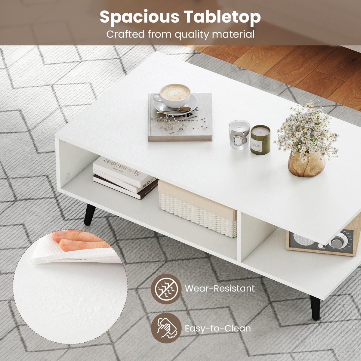 LIVSK 2-Laagse Salontafel - Ruime Opbergruimte - Robuuste Metalen Poten - Gemakkelijk te Reinigen - 80 x 45 x 30 cm - Wit