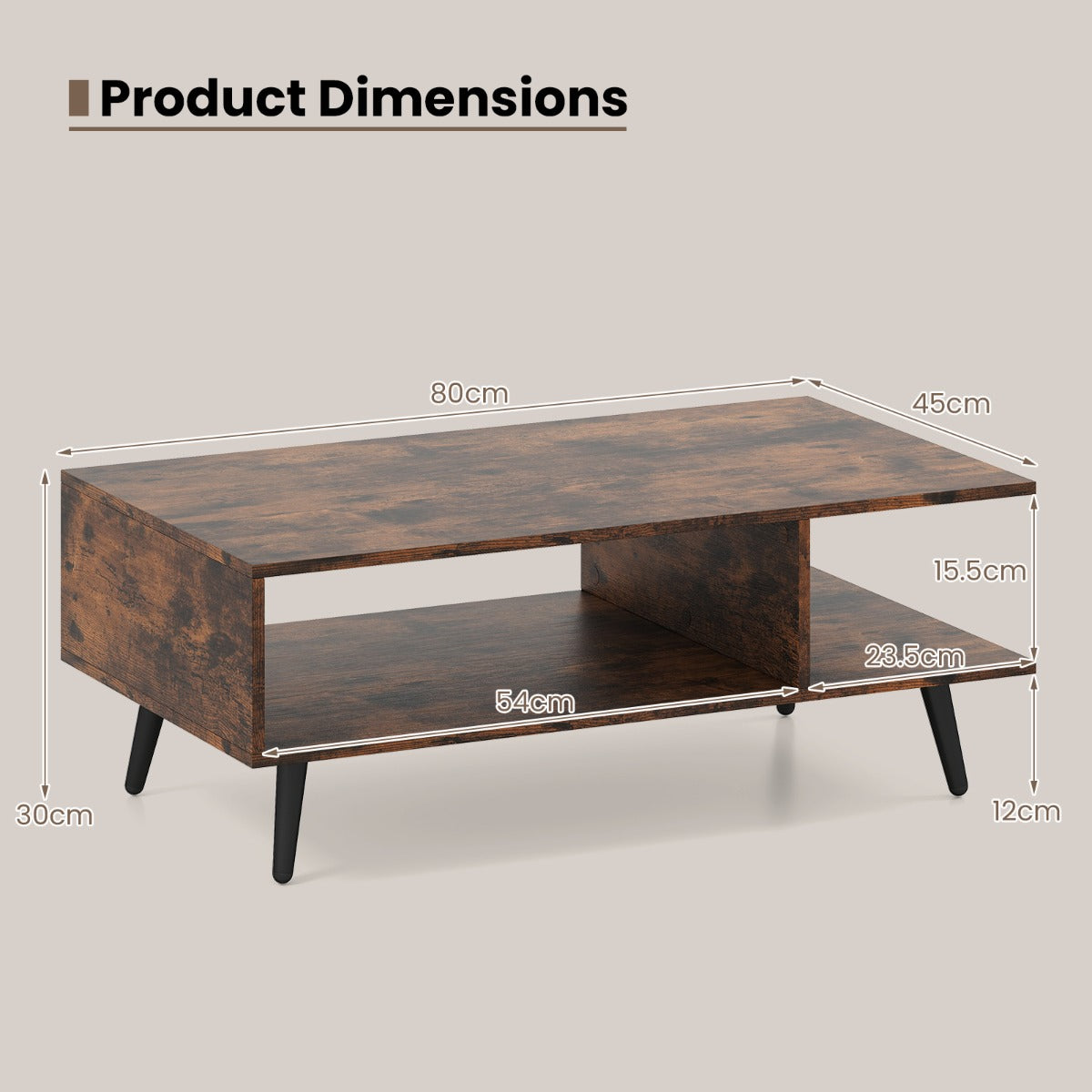 LIVSK Multifunctionele Salontafel - 2-laags Ontwerp met Ruime Opbergruimte - Sterke Metalen Poten - 80 x 45 x 30 cm - Rustiek