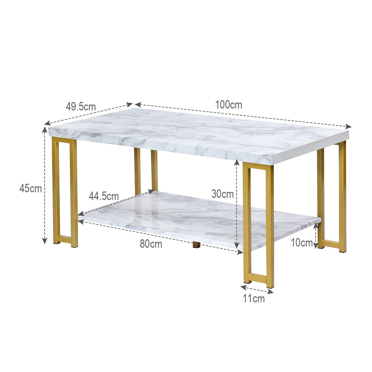 LIVSK Salontafel met Dubbellaags Ontwerp - Hoogwaardig MDF - Roestbestendige Metalen Poten - Eenvoudige Montage - Goud en Wit