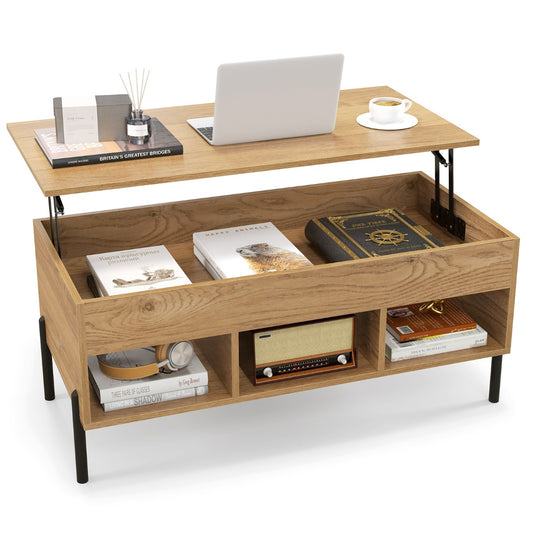 LIVSK Verstelbare Salontafel - Pneumatisch Hefmechanisme - Veel Opbergruimte - Hoogte 45-60 cm - Hout - Natuur