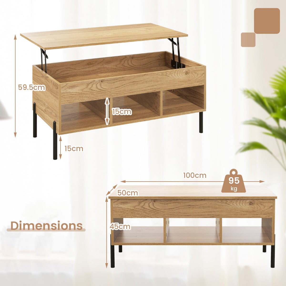 LIVSK Verstelbare Salontafel - Pneumatisch Hefmechanisme - Veel Opbergruimte - Hoogte 45-60 cm - Hout - Natuur