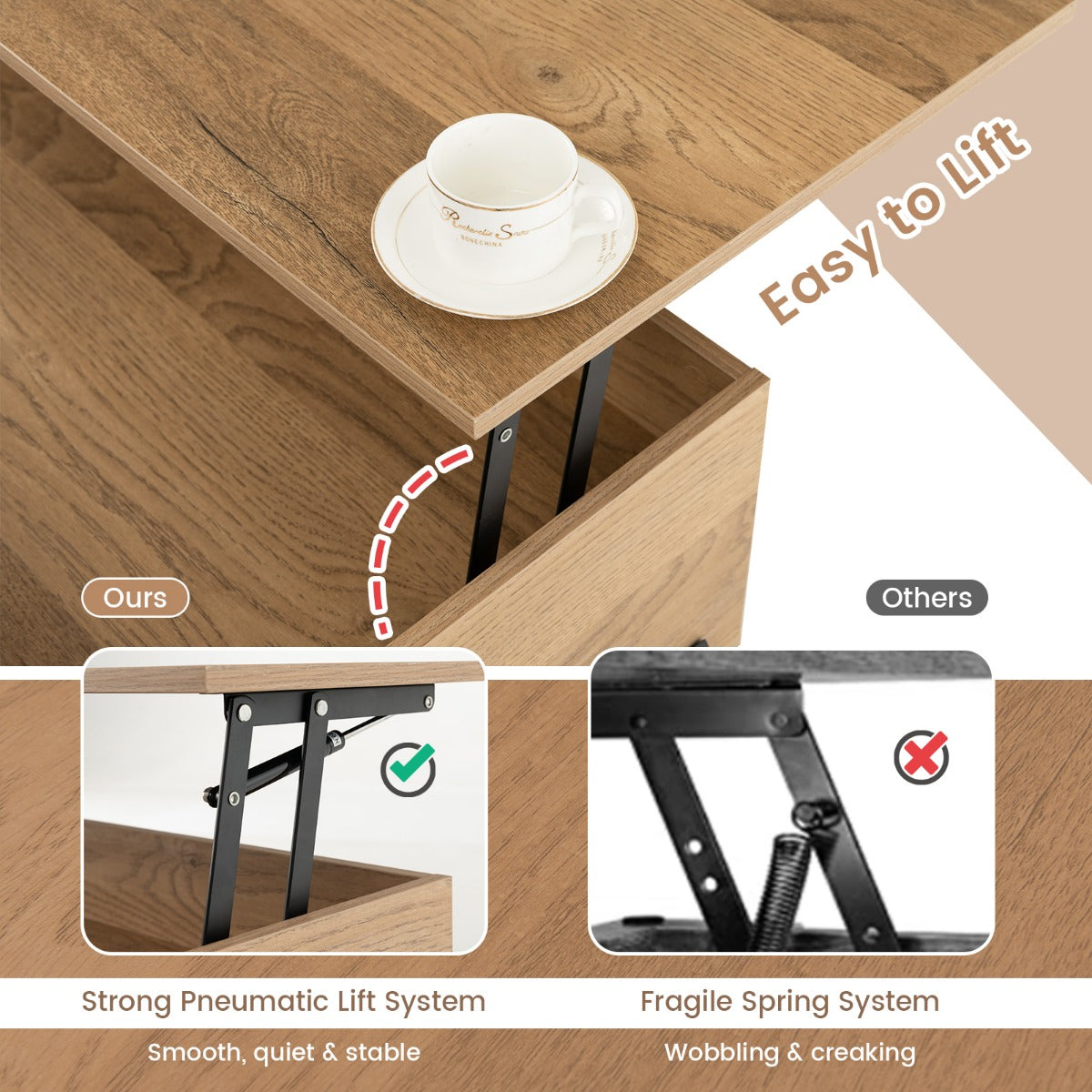 LIVSK Verstelbare Salontafel - Pneumatisch Hefmechanisme - Veel Opbergruimte - Hoogte 45-60 cm - Hout - Natuur