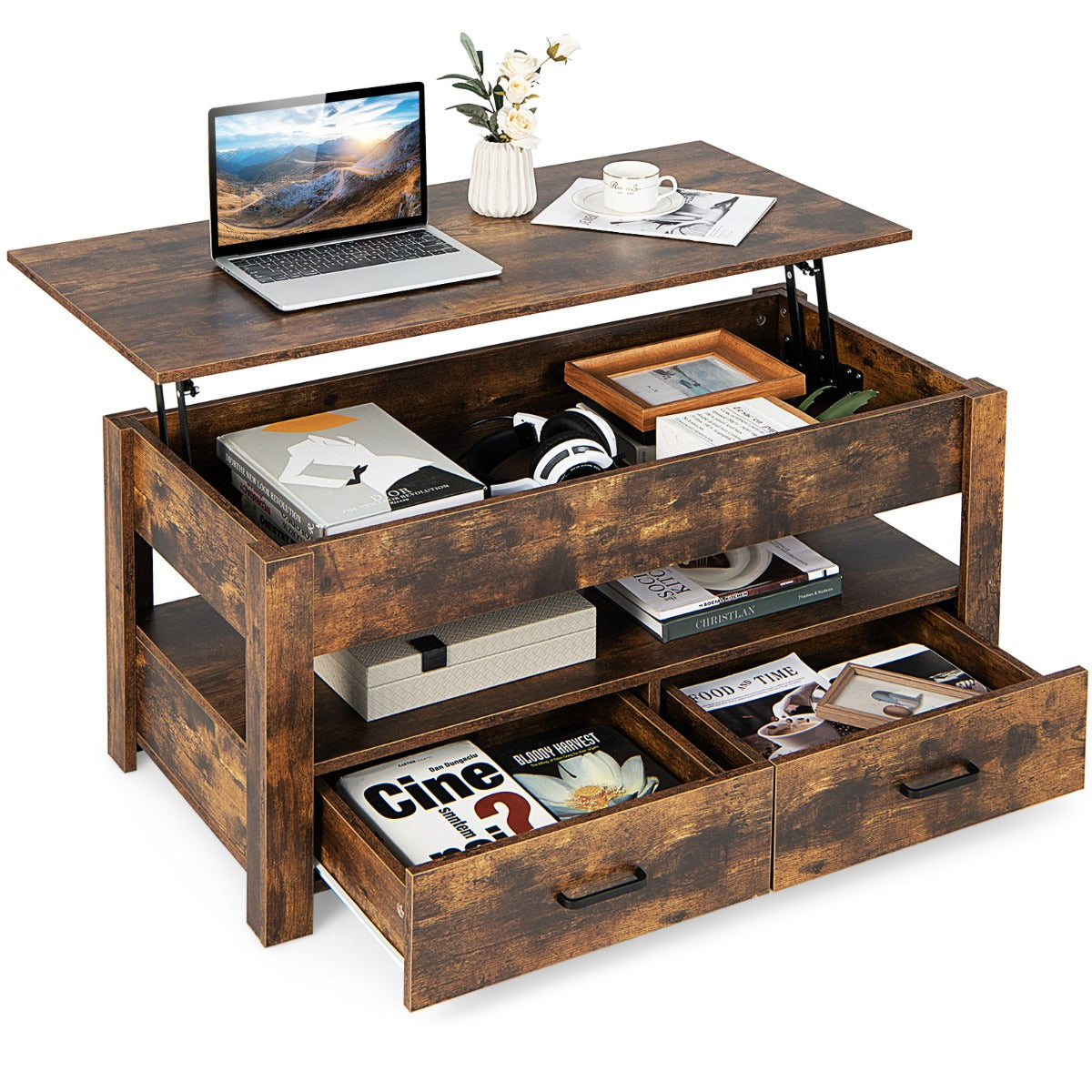 LIVSK Verstelbare Salontafel met Hefplaat - Ergonomisch en Ruime Opbergruimte - Duurzaam Hout - 106 x 50 x 48 cm - Rustiek bruin