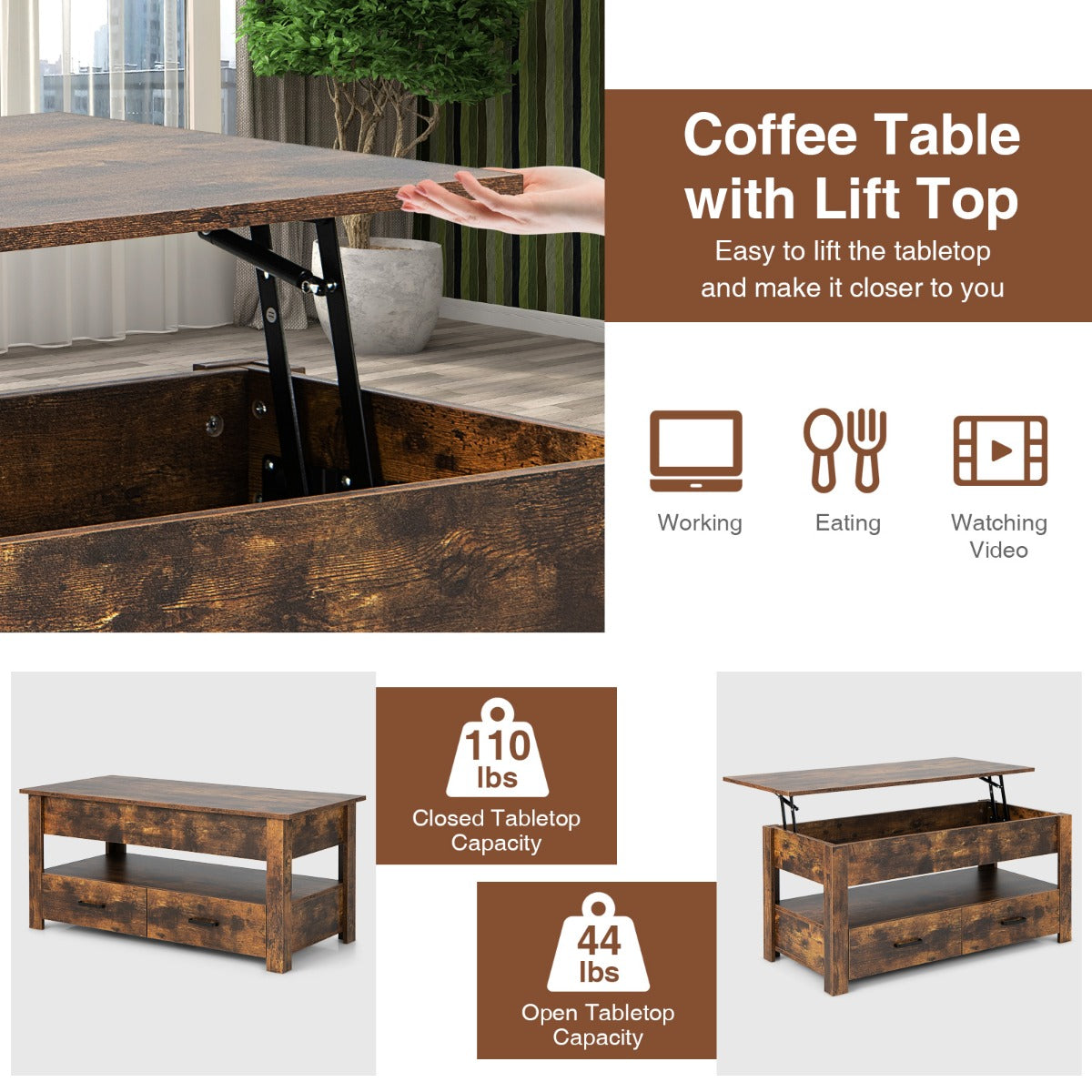 LIVSK Verstelbare Salontafel met Hefplaat - Ergonomisch en Ruime Opbergruimte - Duurzaam Hout - 106 x 50 x 48 cm - Rustiek bruin