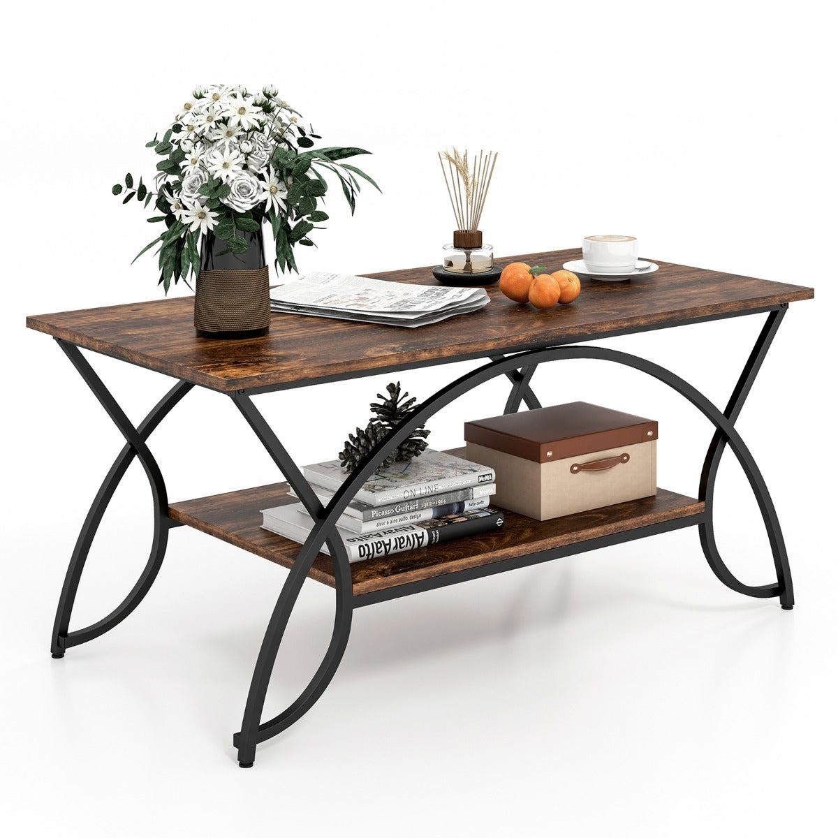 LIVSK Moderne Salontafel - Imitatiemarmeren Bovenblad - 2-laags Ontwerp - Duurzaam Metalen Frame - Tot 70 kg - Bruin