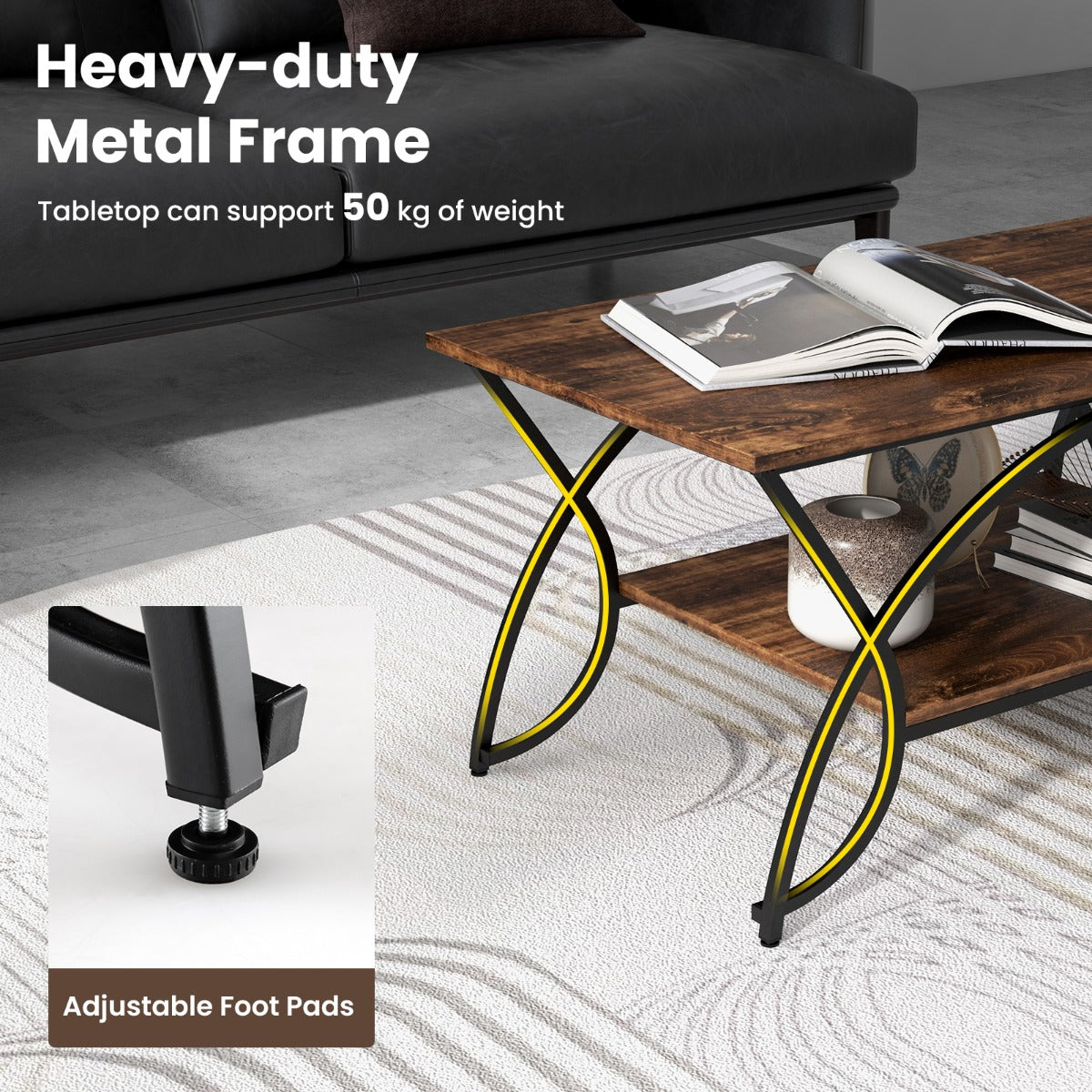 LIVSK Moderne Salontafel - Imitatiemarmeren Bovenblad - 2-laags Ontwerp - Duurzaam Metalen Frame - Tot 70 kg - Bruin