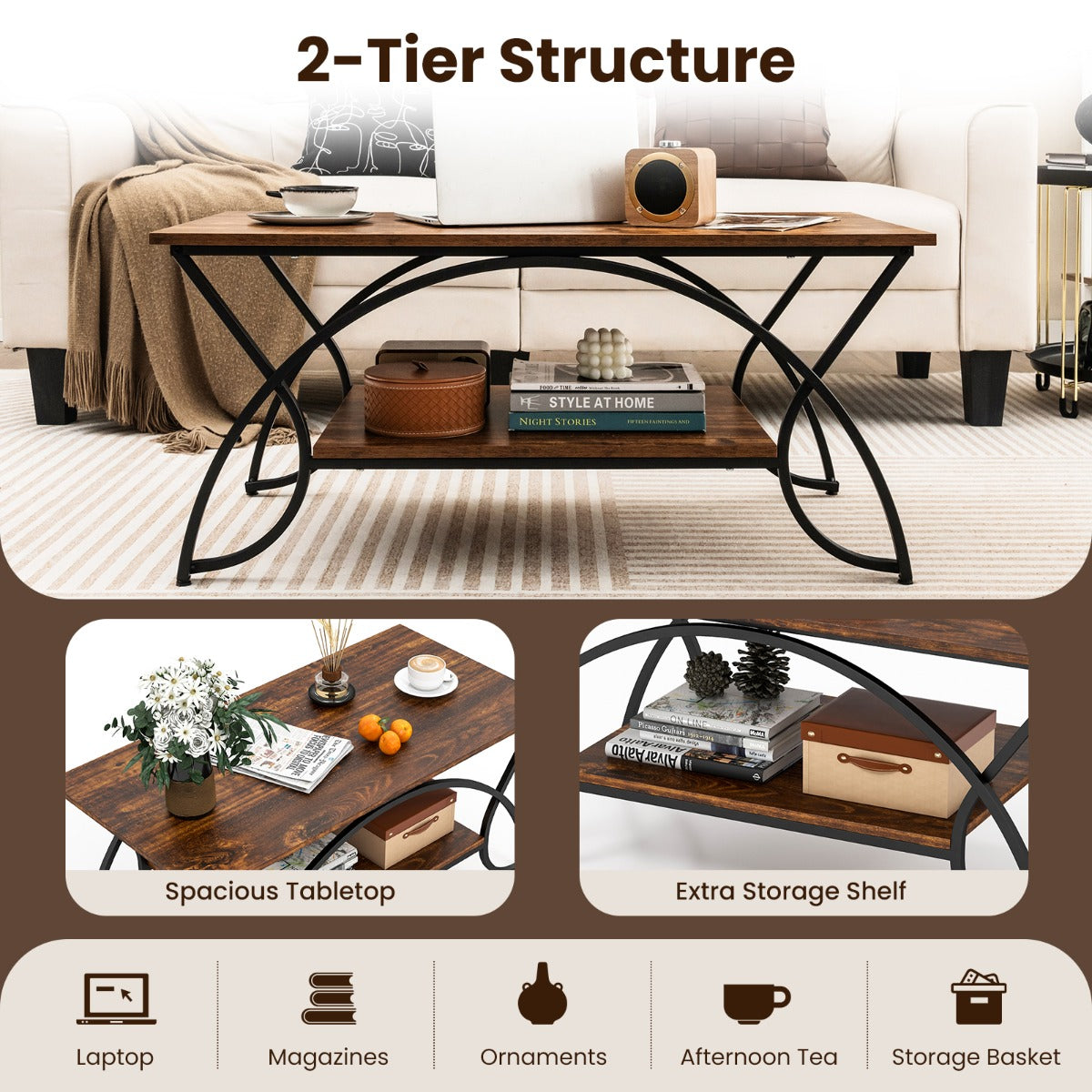 LIVSK Moderne Salontafel - Imitatiemarmeren Bovenblad - 2-laags Ontwerp - Duurzaam Metalen Frame - Tot 70 kg - Bruin