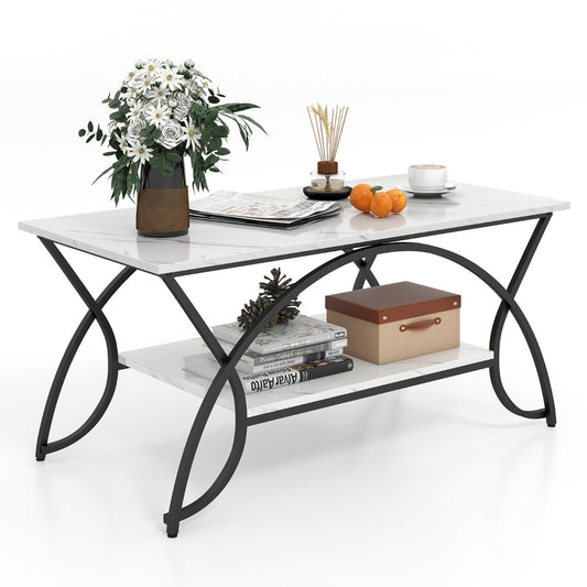 LIVSK Moderne Salontafel met Imitatiemarmer - Stevig Metalen Frame - 2-laags Ontwerp met Opbergruimte - 100 x 50 cm - Zwart-Wit
