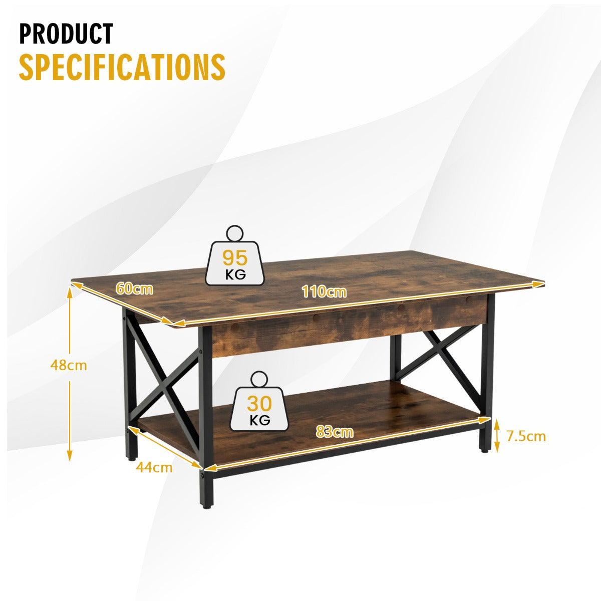 LIVSK Salontafel - Industriële Retrostijl - Dubbellaags met Opbergruimte - 110 x 60 x 48 cm - Rustiek Bruin