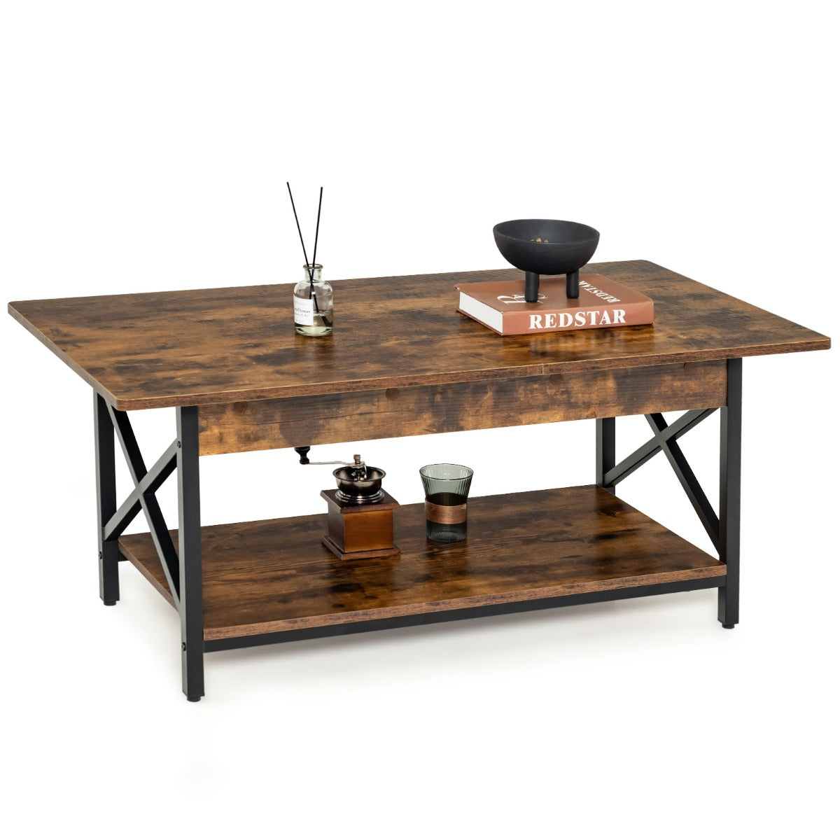 LIVSK Salontafel - Industriële Retrostijl - Dubbellaags met Opbergruimte - 110 x 60 x 48 cm - Rustiek Bruin