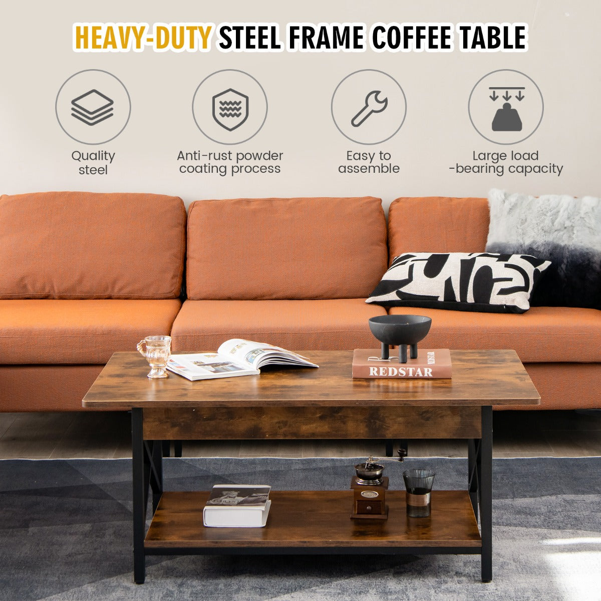 LIVSK Salontafel - Industriële Retrostijl - Dubbellaags met Opbergruimte - 110 x 60 x 48 cm - Rustiek Bruin