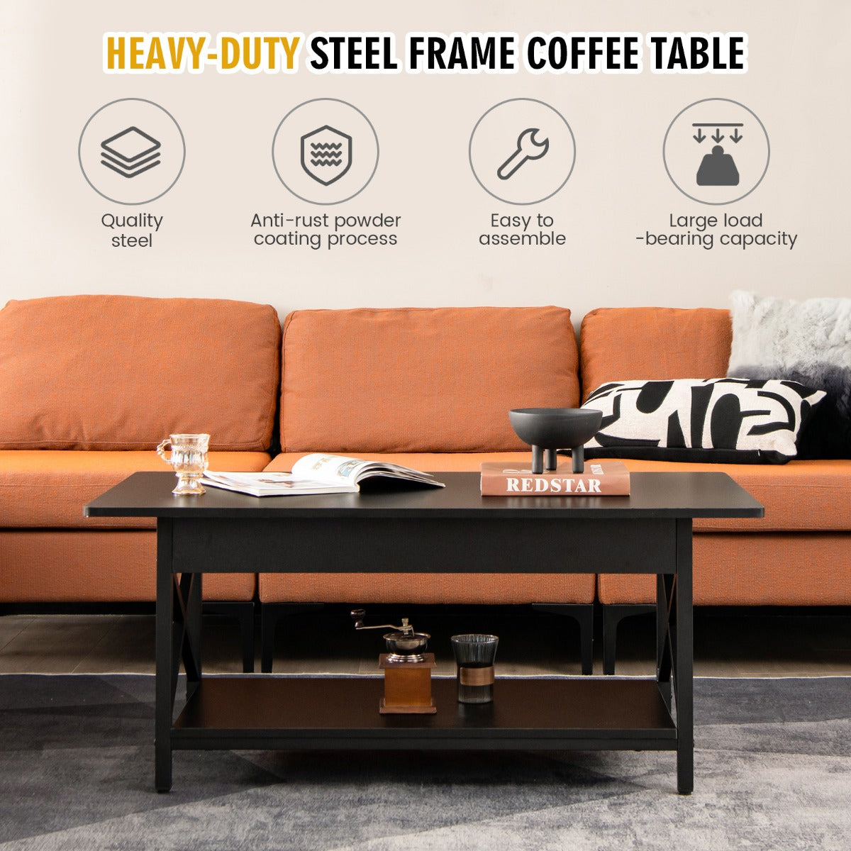 LIVSK Industriële Retro Salontafel - Duurzaam Metaal - Ruime Opbergruimte - Poedercoating - 110 x 60 x 48 cm - Zwart