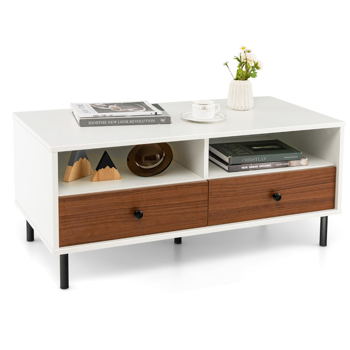 LIVSK Colourblock Salontafel met Opbergruimte - Meertraps Design - Hoogwaardig MDF - Tot 90 kg - Wit en Bruin