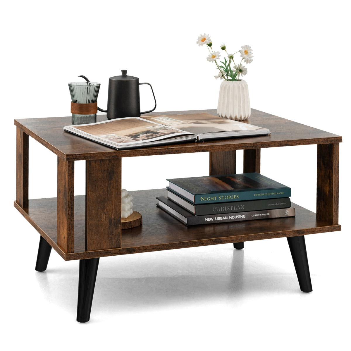 LIVSK Industriële Salontafel - 2-laags Opbergruimte - Houten Tafel voor Woonkamer - 70 x 50 x 41 cm - Rustiek bruin en zwart
