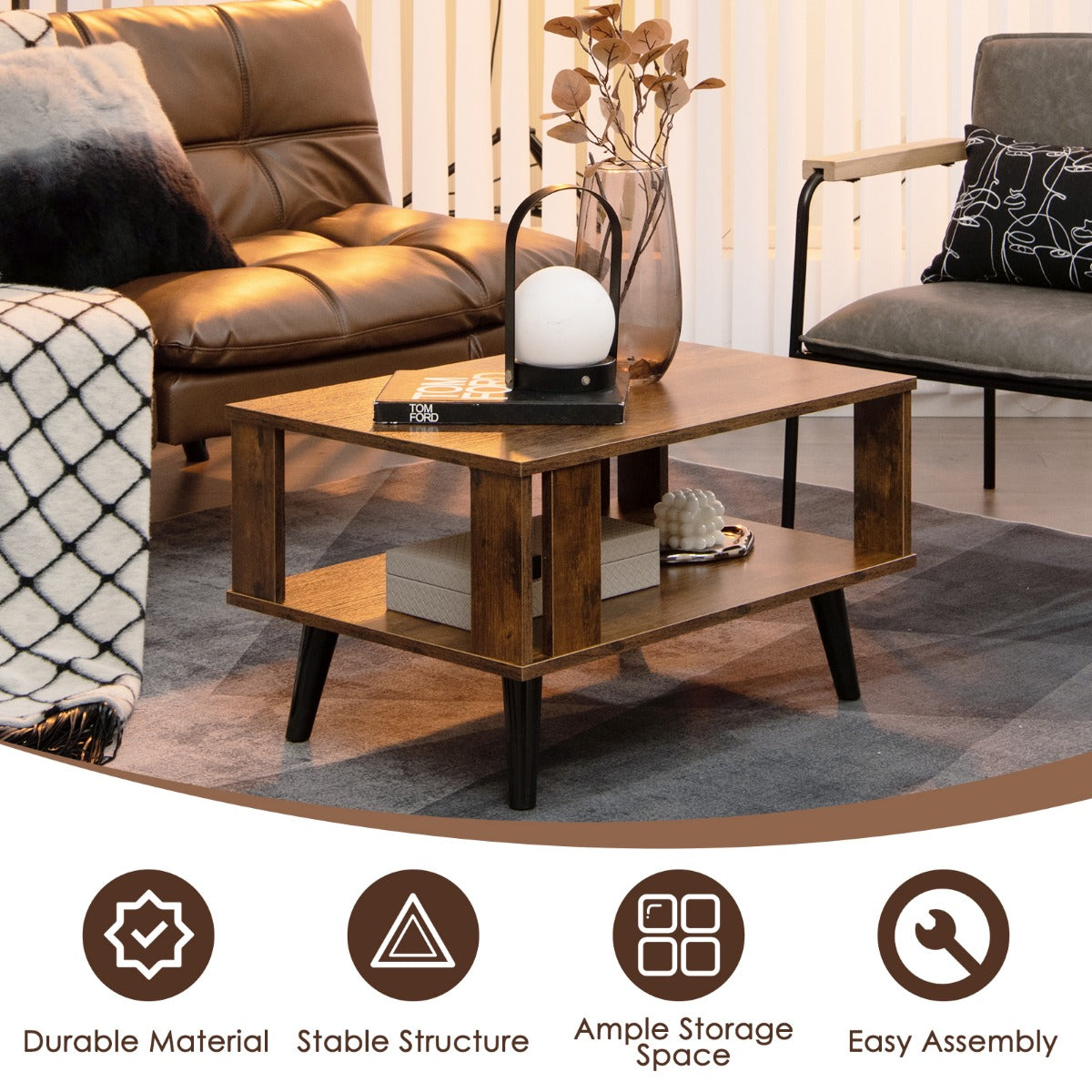 LIVSK Industriële Salontafel - 2-laags Opbergruimte - Houten Tafel voor Woonkamer - 70 x 50 x 41 cm - Rustiek bruin en zwart