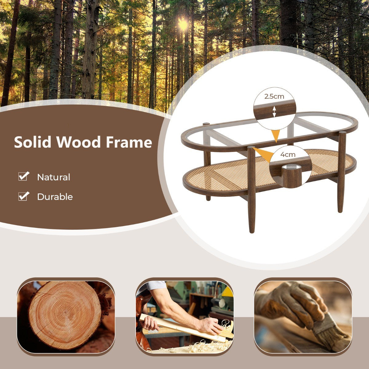 LIVSK Salontafel met 2 Niveaus - Massief Houten Frame - Hittebestendig Gehard Glas - PE-Rotan - 102 x 56 x 47 cm - Bruin