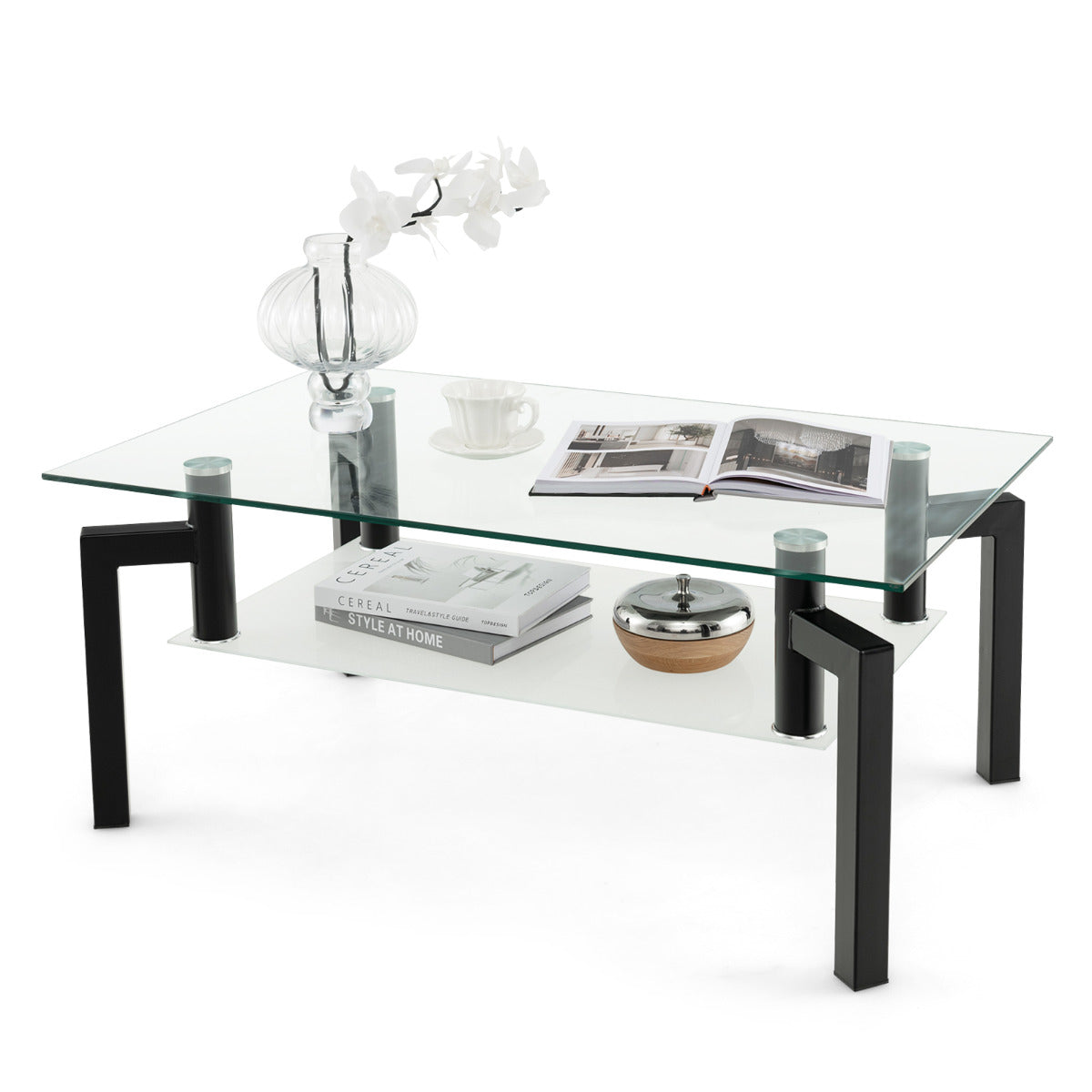 LIVSK 2-traps Salontafel - Gehard Glas - Zwart Metalen Frame - Ruim Tafelblad - Draagkracht tot 90 kg - 100 x 60 x 43 cm - Zwart