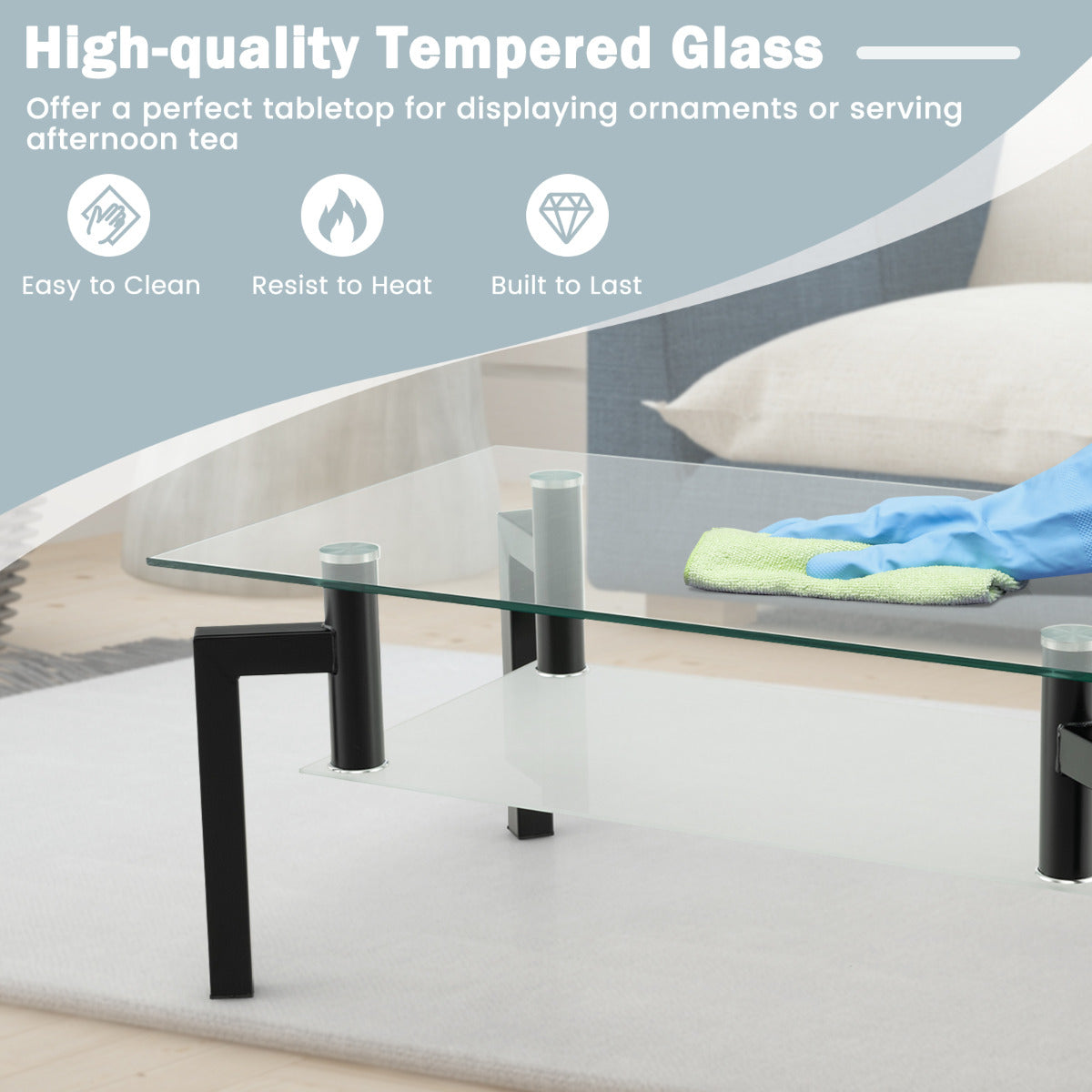 LIVSK 2-traps Salontafel - Gehard Glas - Zwart Metalen Frame - Ruim Tafelblad - Draagkracht tot 90 kg - 100 x 60 x 43 cm - Zwart