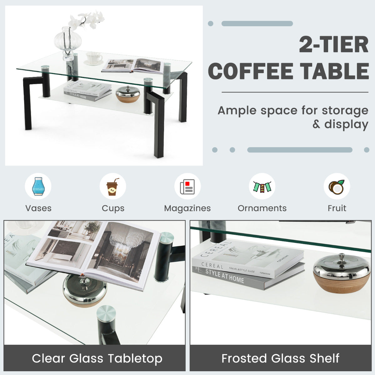 LIVSK 2-traps Salontafel - Gehard Glas - Zwart Metalen Frame - Ruim Tafelblad - Draagkracht tot 90 kg - 100 x 60 x 43 cm - Zwart