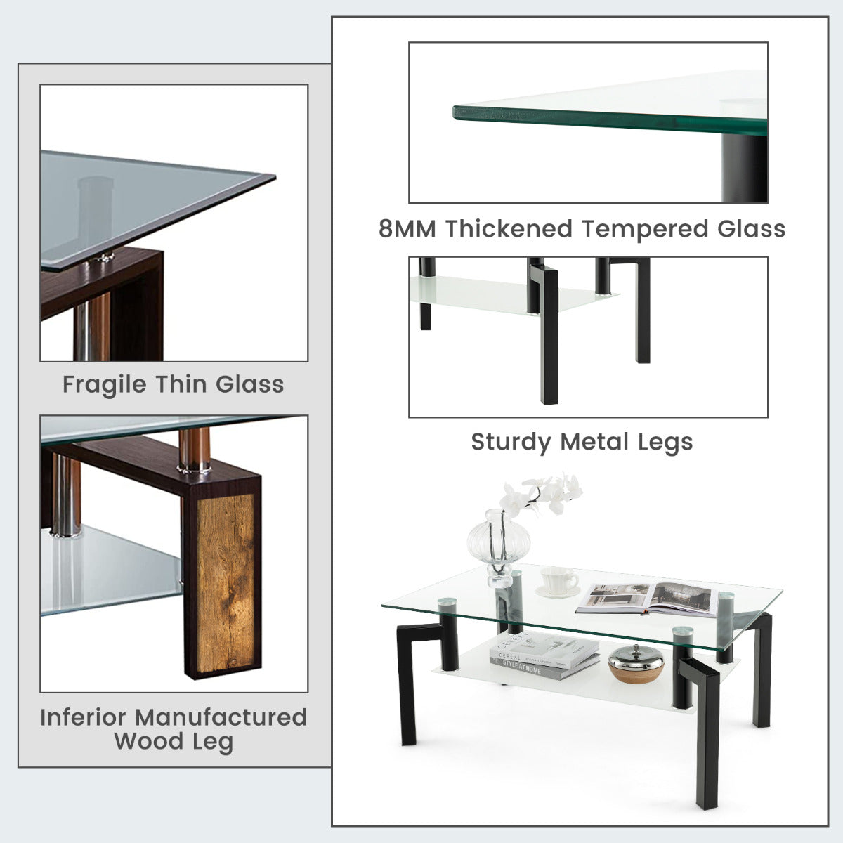 LIVSK 2-traps Salontafel - Gehard Glas - Zwart Metalen Frame - Ruim Tafelblad - Draagkracht tot 90 kg - 100 x 60 x 43 cm - Zwart