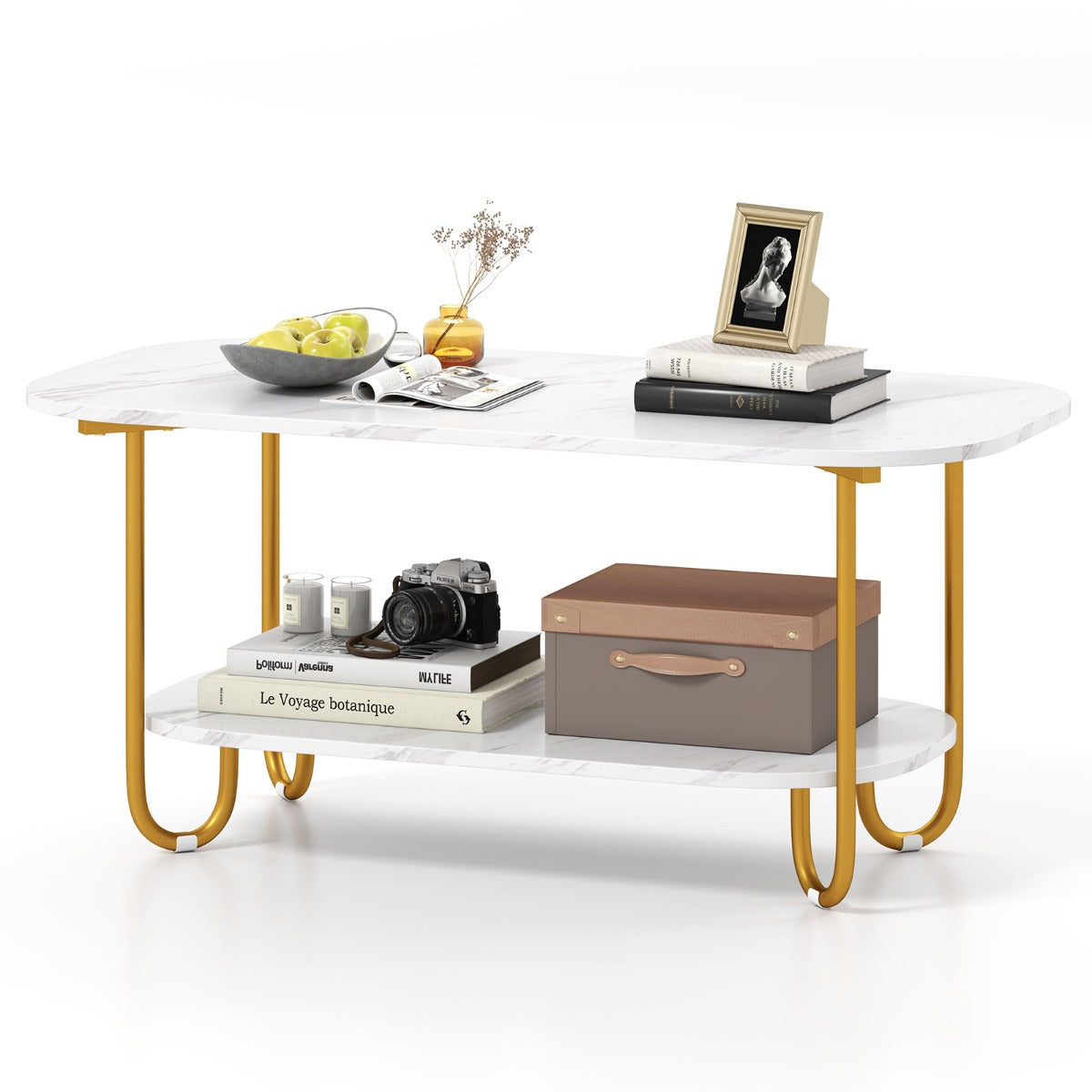LIVSK Multifunctionele Salontafel - Imitatiemarmer Blad - Gouden Frame - 2-laags Ontwerp - Duurzaam - 100 x 50 x 45 cm - Wit +