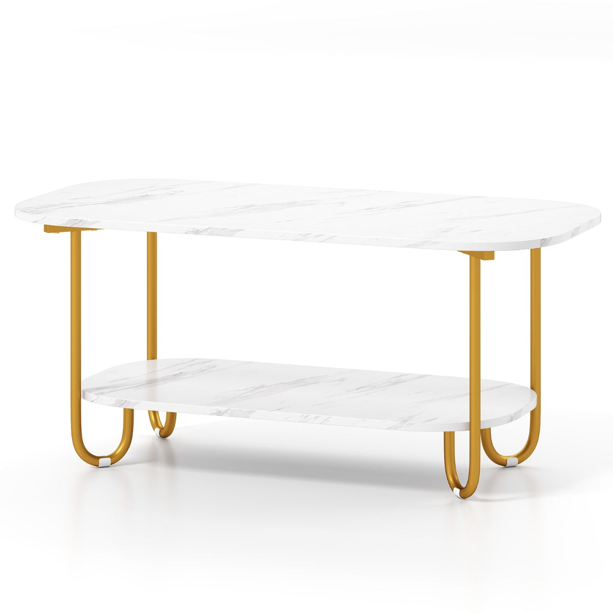 LIVSK Multifunctionele Salontafel - Imitatiemarmer Blad - Gouden Frame - 2-laags Ontwerp - Duurzaam - 100 x 50 x 45 cm - Wit +
