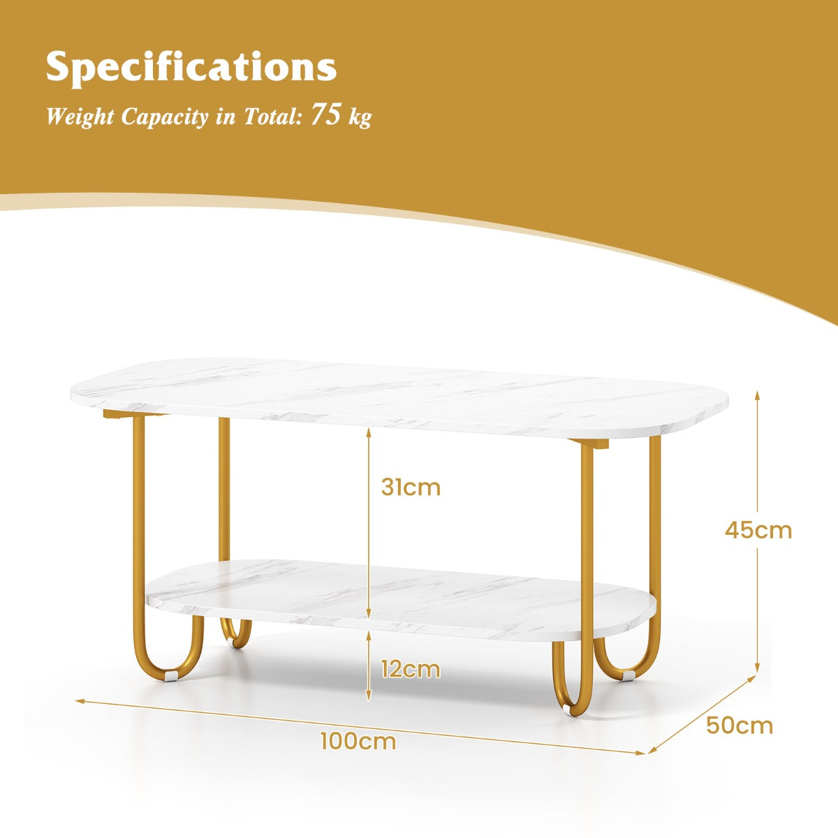 LIVSK Multifunctionele Salontafel - Imitatiemarmer Blad - Gouden Frame - 2-laags Ontwerp - Duurzaam - 100 x 50 x 45 cm - Wit +