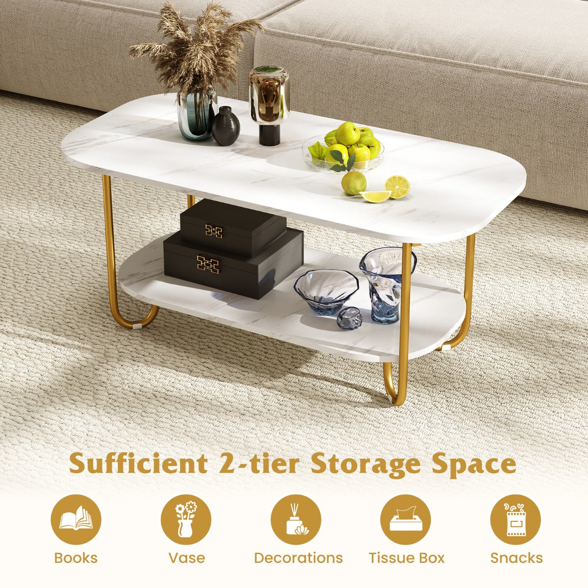 LIVSK Multifunctionele Salontafel - Imitatiemarmer Blad - Gouden Frame - 2-laags Ontwerp - Duurzaam - 100 x 50 x 45 cm - Wit +