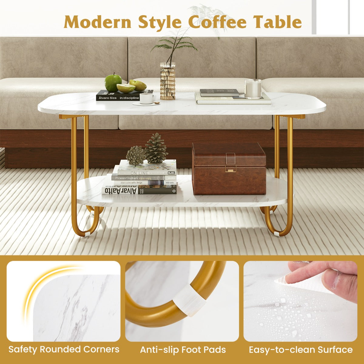 LIVSK Multifunctionele Salontafel - Imitatiemarmer Blad - Gouden Frame - 2-laags Ontwerp - Duurzaam - 100 x 50 x 45 cm - Wit +