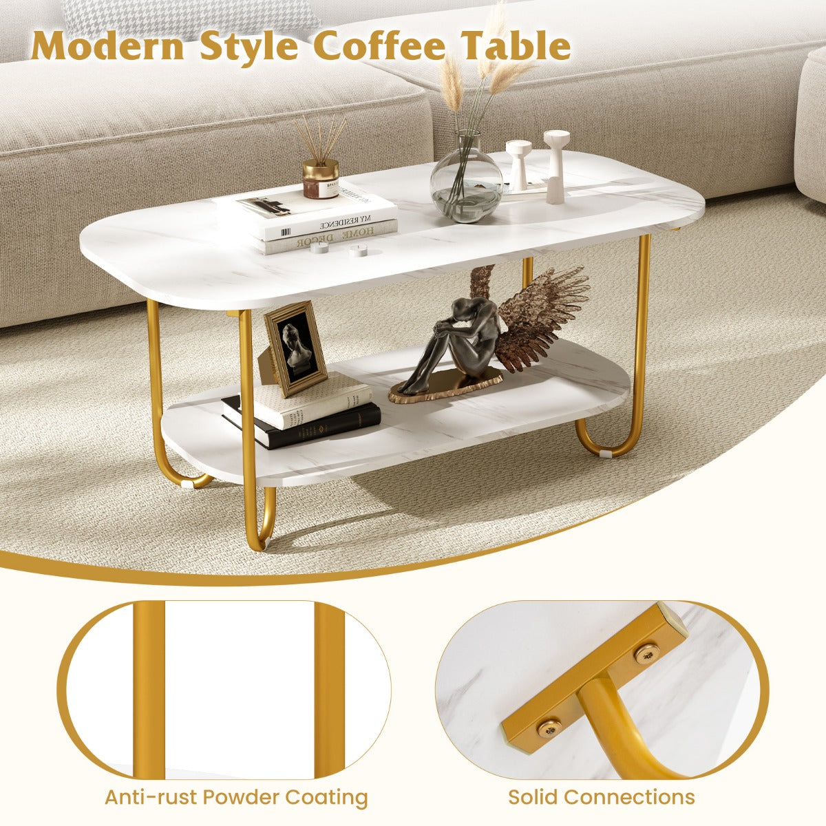LIVSK Multifunctionele Salontafel - Imitatiemarmer Blad - Gouden Frame - 2-laags Ontwerp - Duurzaam - 100 x 50 x 45 cm - Wit +