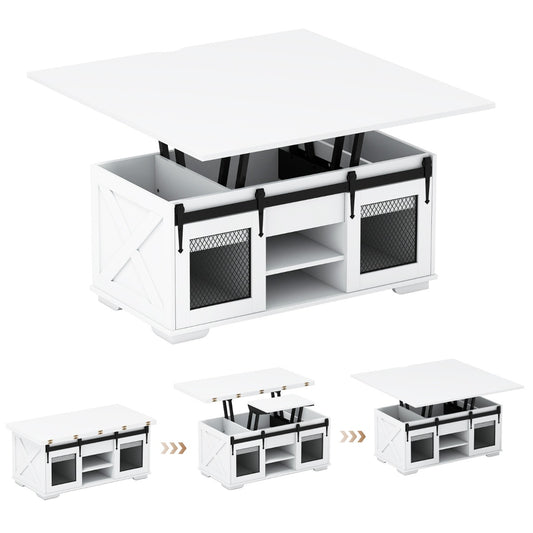 Livsk costway salontafel met in hoogte verstelbaar tafelblad 105 cm landhuis centrale tafel met 2 schuifdeuren in schuurstijl wit