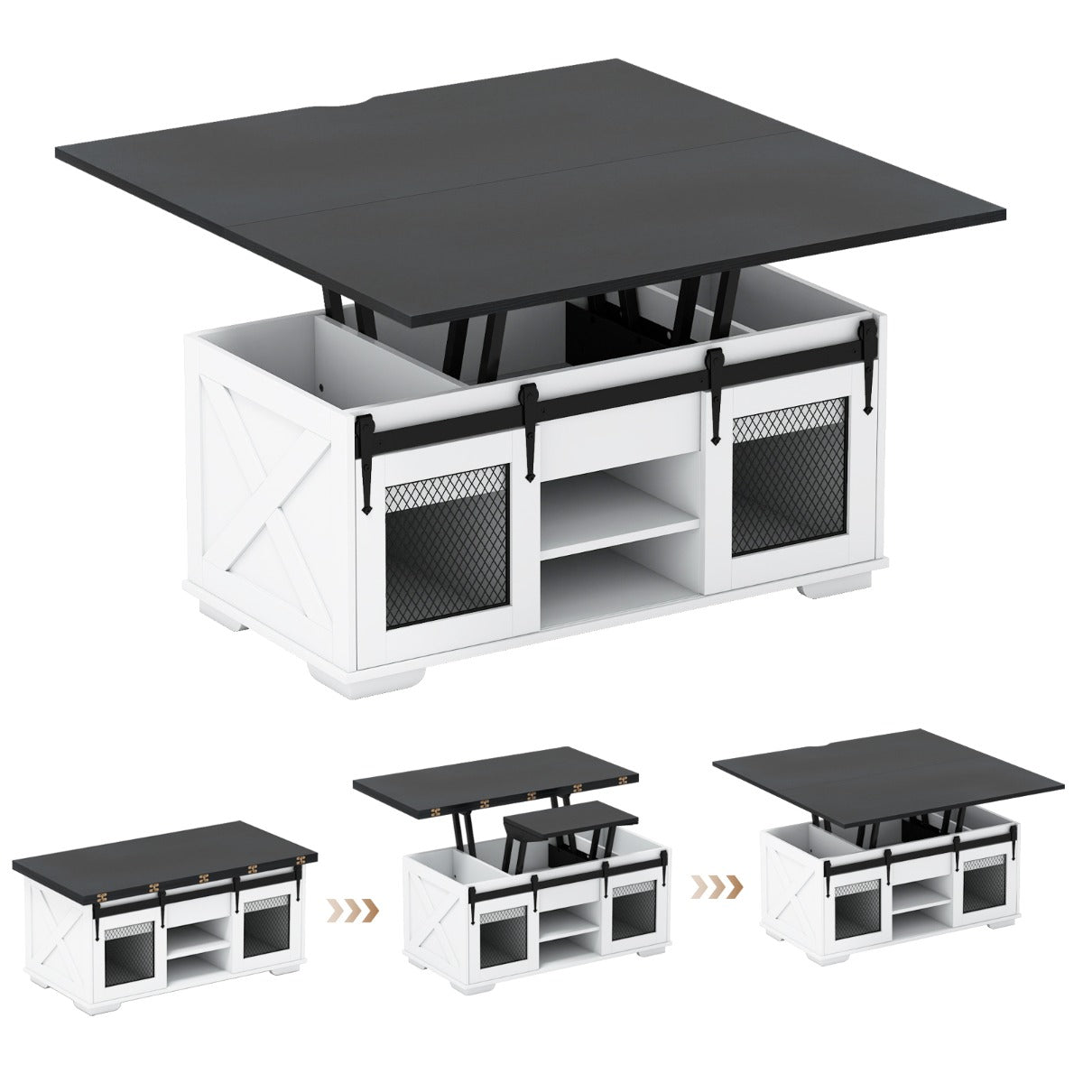Livsk costway salontafel met in hoogte verstelbaar tafelblad 105 cm landhuis centrale tafel met 2 schuifdeuren in schuurstijl zwart