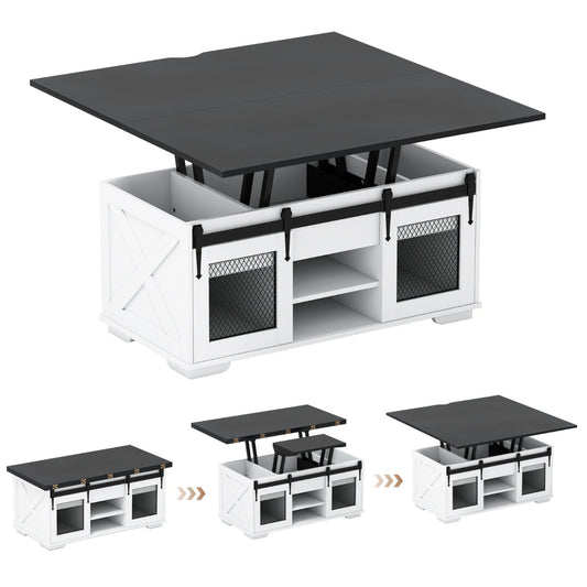 Livsk costway salontafel met in hoogte verstelbaar tafelblad 105 cm landhuis centrale tafel met 2 schuifdeuren in schuurstijl zwart