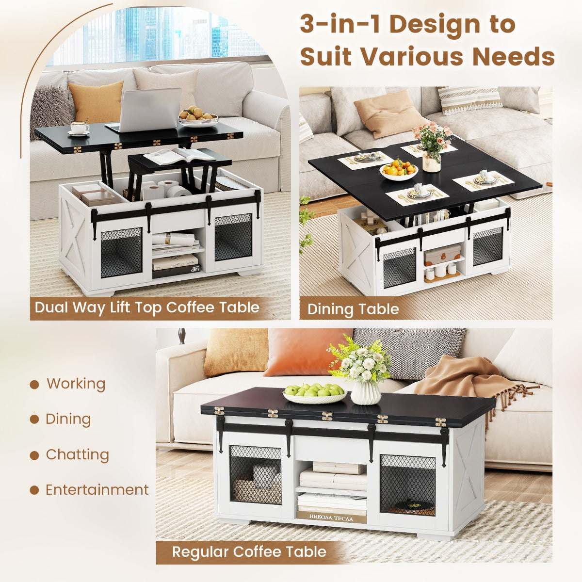 Livsk costway salontafel met in hoogte verstelbaar tafelblad 105 cm landhuis centrale tafel met 2 schuifdeuren in schuurstijl zwart 4