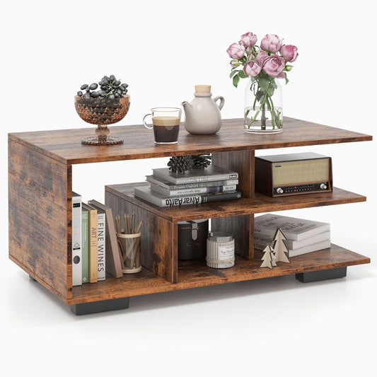 LIVSK Geometrische Salontafel met Opbergruimte - Modern Retro Design - 3 Niveaus - Gelamineerd Hout - 90 x 50 x 42 cm -